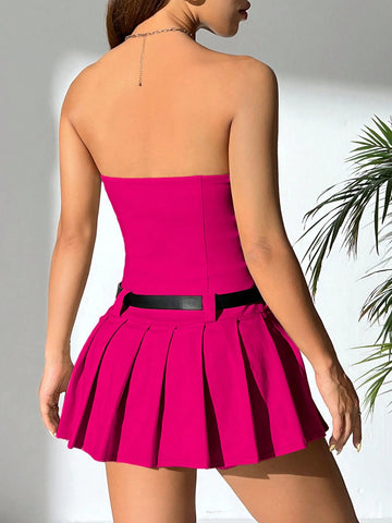 Solid Tube Pleated Hem Belted Tube Short Summer Dress
