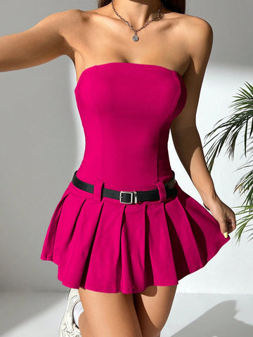Solid Tube Pleated Hem Belted Tube Short Summer Dress