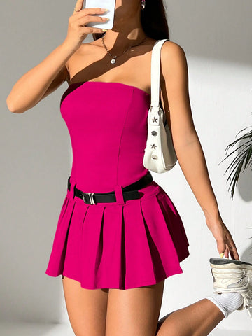 Solid Tube Pleated Hem Belted Tube Short Summer Dress