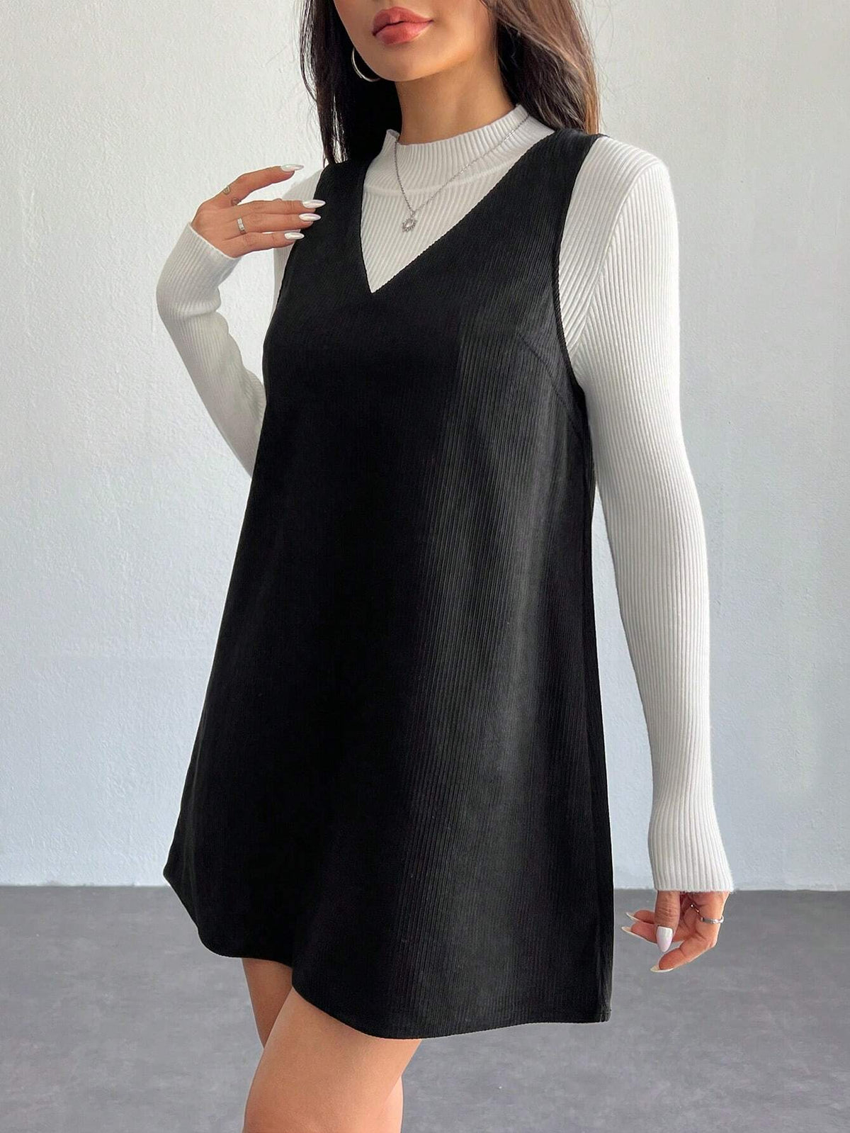 Solid V Neck Corduroy Dress Without Sweater Fall/Winter Dresses