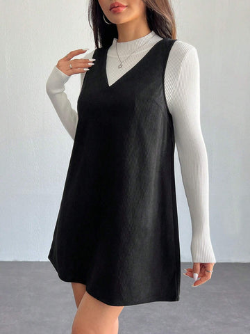 Solid V Neck Corduroy Dress Without Sweater Fall/Winter Dresses
