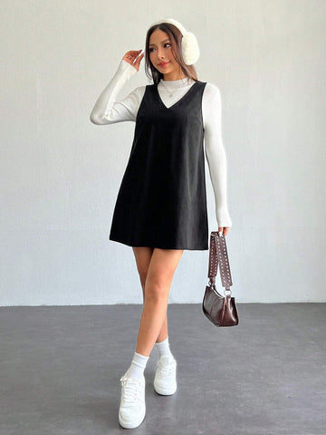 Solid V Neck Corduroy Dress Without Sweater Fall/Winter Dresses