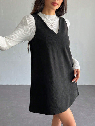 Solid V Neck Corduroy Dress Without Sweater Fall/Winter Dresses