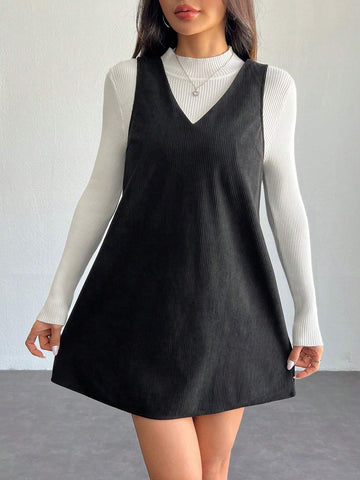 Solid V Neck Corduroy Dress Without Sweater Fall/Winter Dresses