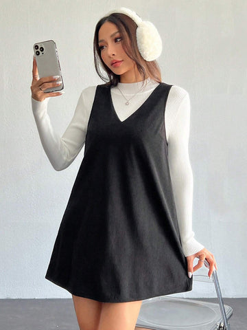 Solid V Neck Corduroy Dress Without Sweater Fall/Winter Dresses