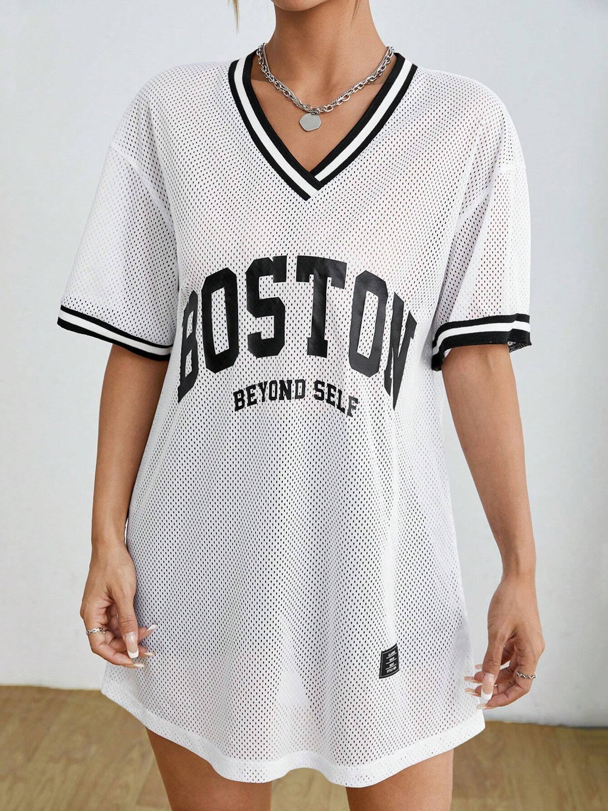 Sporty V-Neck Transparent Dress With Letter Print
