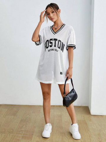 Sporty V-Neck Transparent Dress With Letter Print