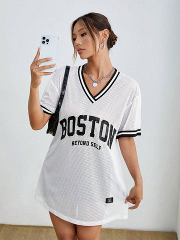 Sporty V-Neck Transparent Dress With Letter Print