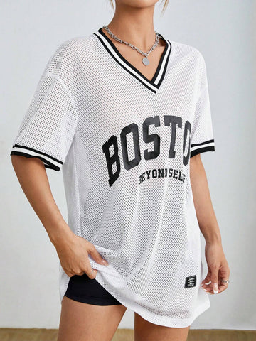 Sporty V-Neck Transparent Dress With Letter Print