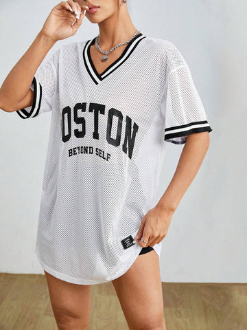 Sporty V-Neck Transparent Dress With Letter Print