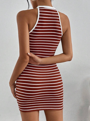 Spring-Summer Casual Slim Fit Color Block Striped Sleeveless Halter Neck Midi Dress