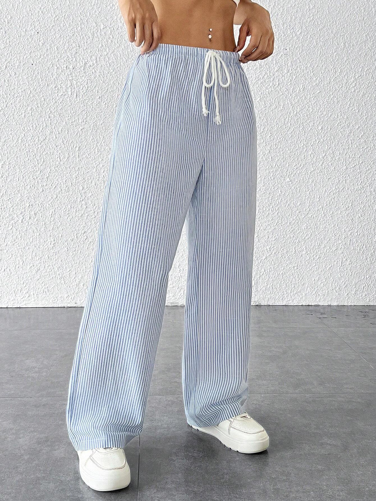 PETITE Striped Women's Linen Low Rise Pants, Summer Vocation