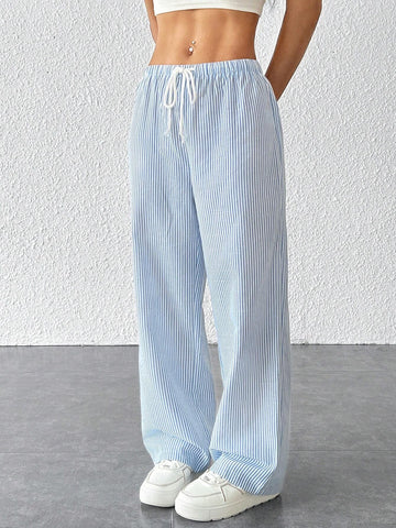 PETITE Striped Women's Linen Low Rise Pants, Summer Vocation
