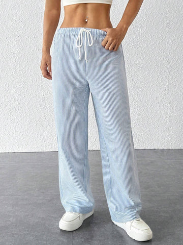 PETITE Striped Women's Linen Low Rise Pants, Summer Vocation