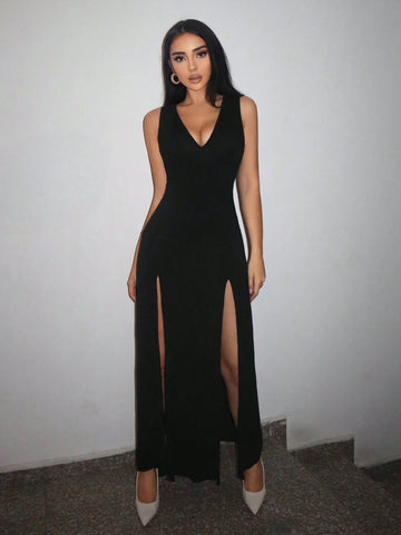 Summer Black Slit Thigh Deep V-Neck Tight Coquettish Dress