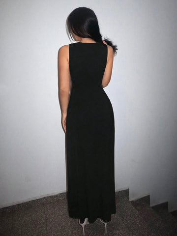Summer Black Slit Thigh Deep V-Neck Tight Coquettish Dress