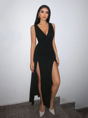 Summer Black Slit Thigh Deep V-Neck Tight Coquettish Dress
