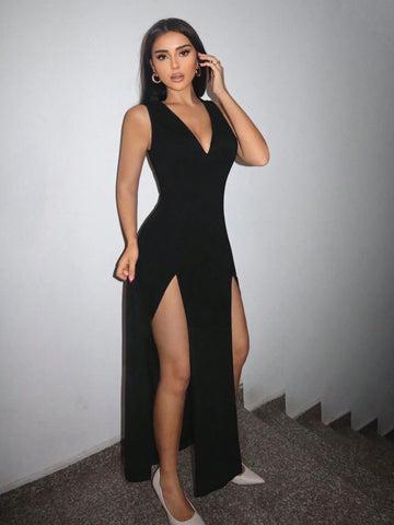 Summer Black Slit Thigh Deep V-Neck Tight Coquettish Dress