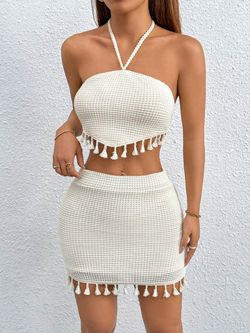 Summer Boho Tassel Trim Tie Backless Halter Top & Bodycon Skirt Two Piece Set