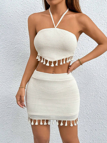 Summer Boho Tassel Trim Tie Backless Halter Top & Bodycon Skirt Two Piece Set