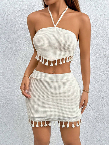 Summer Boho Tassel Trim Tie Backless Halter Top & Bodycon Skirt Two Piece Set