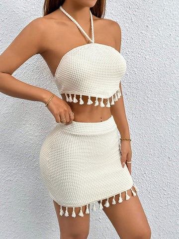 Summer Boho Tassel Trim Tie Backless Halter Top & Bodycon Skirt Two Piece Set