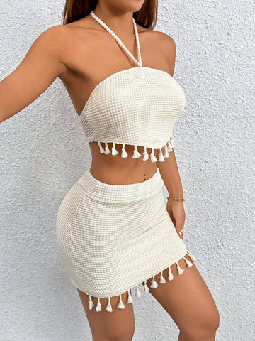Summer Boho Tassel Trim Tie Backless Halter Top & Bodycon Skirt Two Piece Set