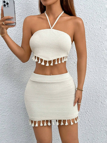 Summer Boho Tassel Trim Tie Backless Halter Top & Bodycon Skirt Two Piece Set