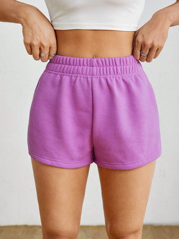 PETITE Summer Casual Solid Color Stretchy Waist Sports Shorts