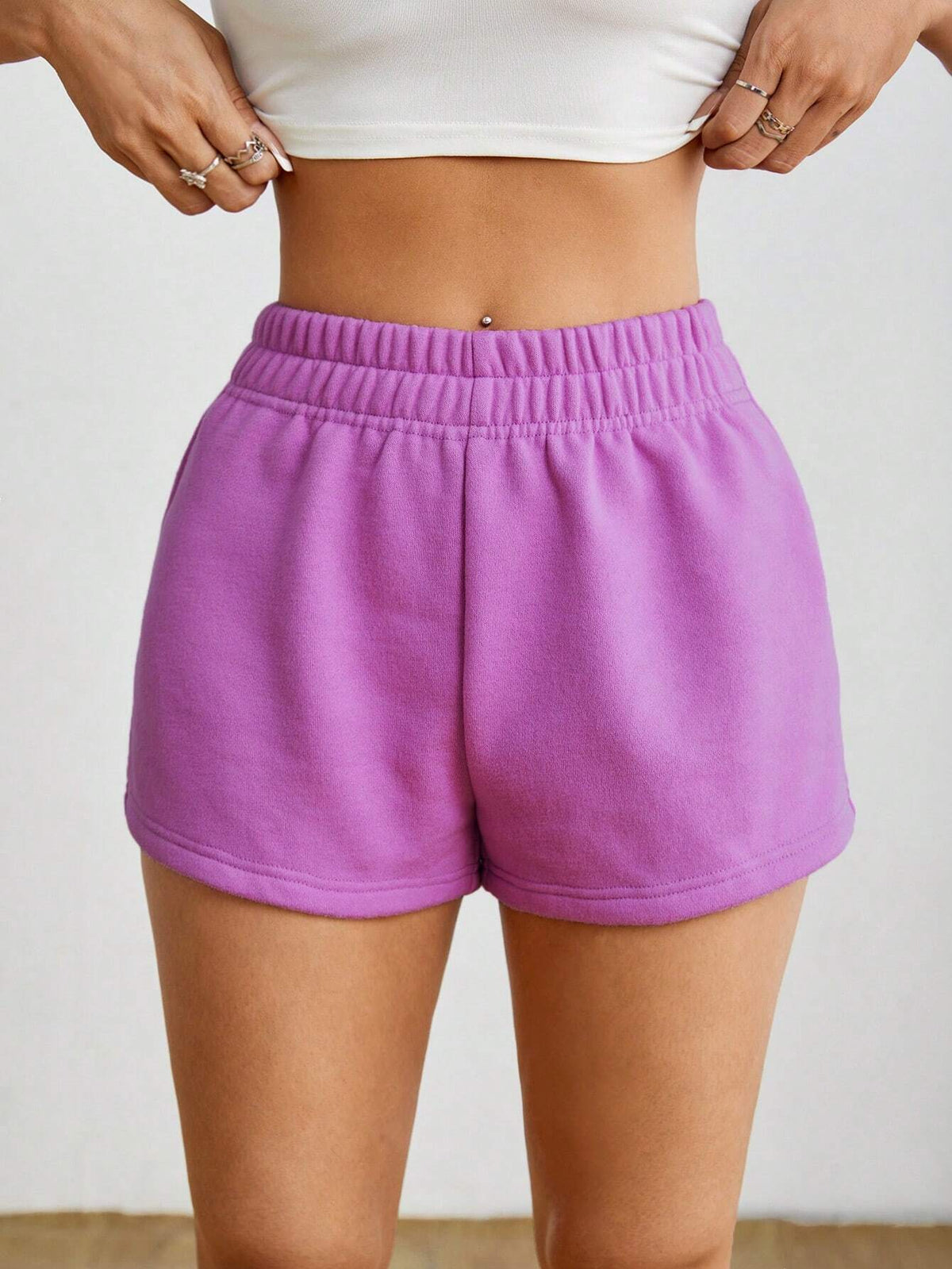 PETITE Summer Casual Solid Color Stretchy Waist Sports Shorts