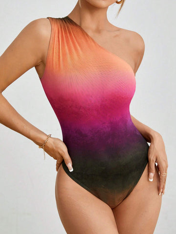 Summer Gradient Mesh One Shoulder Bodycon Dress