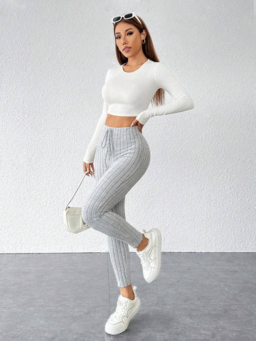 PETITE Tie Waist Ribbed Knit Bodycon Leggings