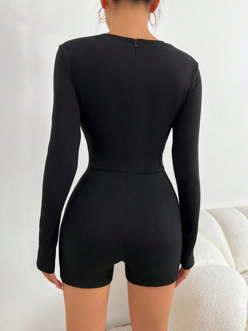 V-neck Long Sleeve Tight Jumpsuit Shorts