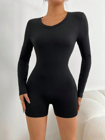 V-neck Long Sleeve Tight Jumpsuit Shorts