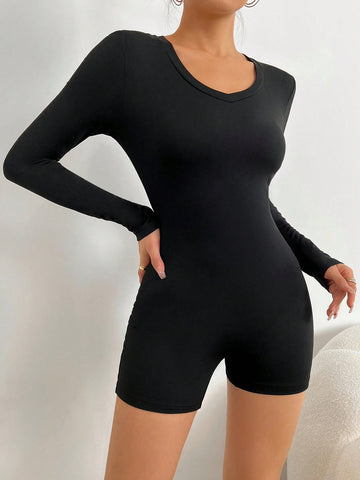 V-neck Long Sleeve Tight Jumpsuit Shorts
