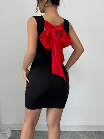 Valentine's Day Romantic Spring/Summer Colorblock Oversized Taffeta Bow Sexy Bodycon