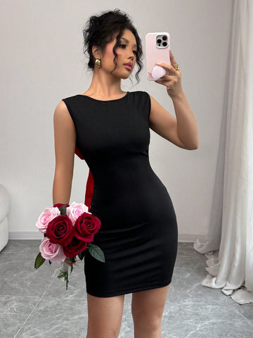 Valentine's Day Romantic Spring/Summer Colorblock Oversized Taffeta Bow Sexy Bodycon