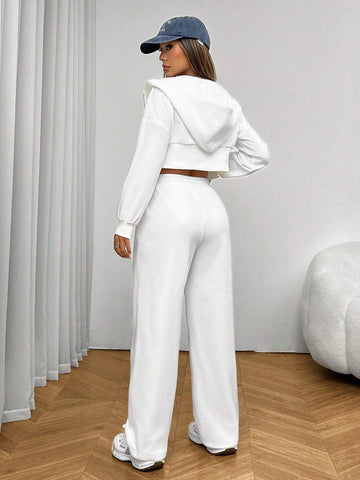 White Knitted Women's Hooded Sweatshirt Set