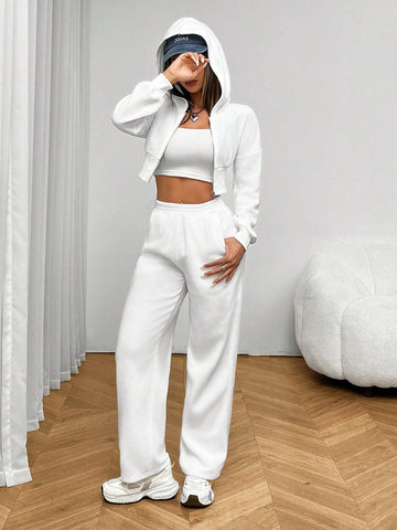 White Knitted Women's Hooded Sweatshirt Set