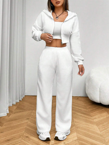 White Knitted Women's Hooded Sweatshirt Set