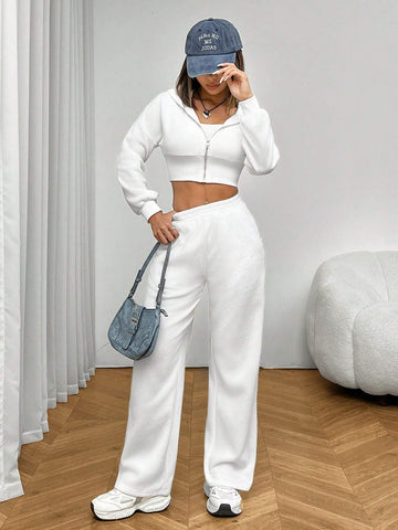 White Knitted Women's Hooded Sweatshirt Set