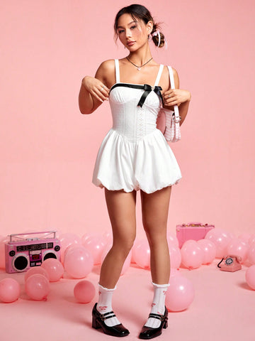 Women'S Bow Knot Decorated Hollow Out Embroidery Patchwork Jumpsuit