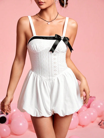 Women'S Bow Knot Decorated Hollow Out Embroidery Patchwork Jumpsuit