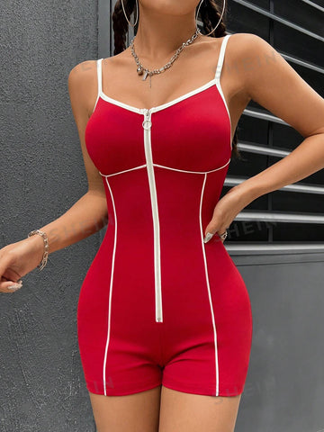 Women'S Color Block Zipper Detail Cami Jumpsuit With Rolled Hem