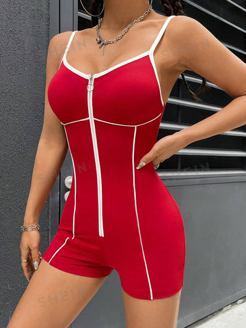 Women'S Color Block Zipper Detail Cami Jumpsuit With Rolled Hem