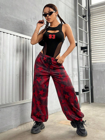 Women'S Digital Pattern Mesh Insert Hollow Out Front Bodysuit