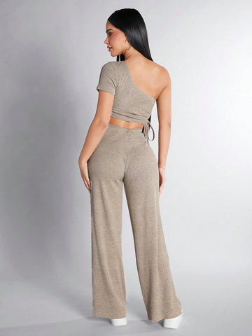 Women'S Fashionable Monochrome Cold Shoulder Crop Top And Long Pants Set
