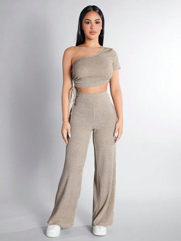 Women'S Fashionable Monochrome Cold Shoulder Crop Top And Long Pants Set