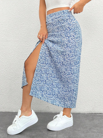 PETITE Women'S Full Flora Print High Slit Asymmetrical Hem Skirt