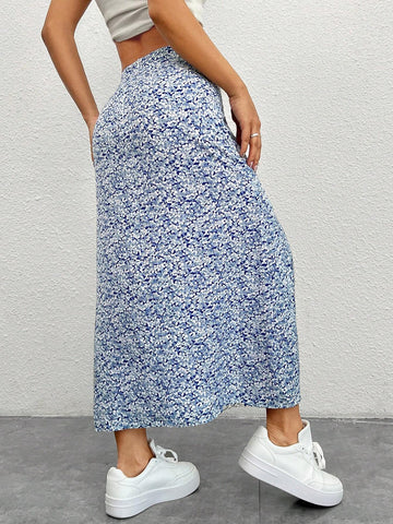 PETITE Women'S Full Flora Print High Slit Asymmetrical Hem Skirt